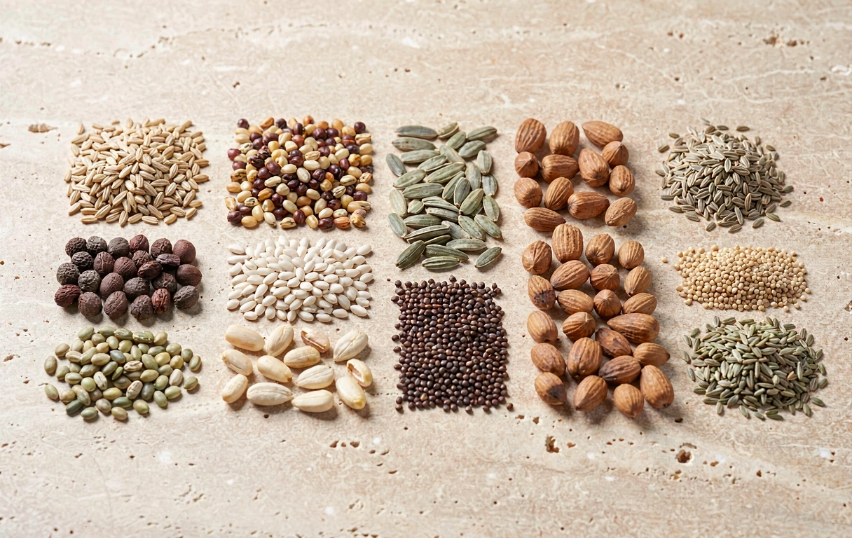 Gondosan elrendezett magvak és szemcsék